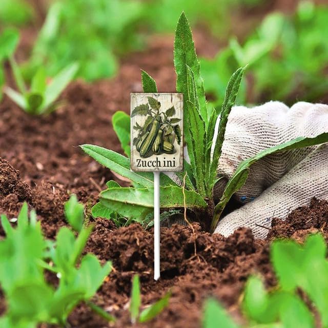 Uptell Vintage Vegetable Signs for Garden with Stake Zucchini Yard Sign Vegetable Garden Label Stakes Plant Markers for Outdoor Plants Waterproof 8.8x7inch