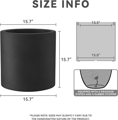 Kante 15.7" Dia Round Concrete Planter, Modern Style Large Cylindrical Plant Pot with Drainage Hole and Rubber Plug for Indoor Outdoor Patio, Burnished Black