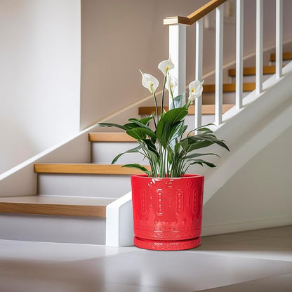12 Inch Pots for Plants, Ceramic Pots for Plants Indoor Outdoor, Round Flower Pot with Drainage Holes and Saucers, Modern Decorative Planter, Home Porch Decor, Gardening Gifts, Red