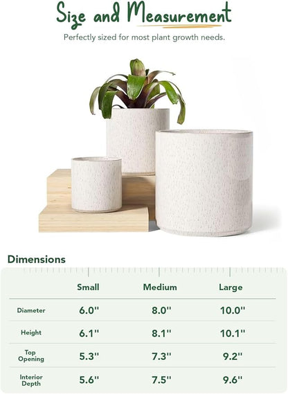 LE TAUCI Ceramic Pots for Plants, 10/8/6 Inch Indoor Planters with Draiange Hole, Silicone Plug & Mesh Pad, Modern Minimalist Pots for Home Office, Set of 3, Glossy, Linen Birch