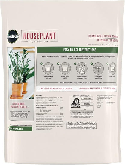 Miracle-Gro Houseplant Potting Mix - Fertilized Soil, Designed to be Less Prone to Gnats, 4 qt. (2-Pack)