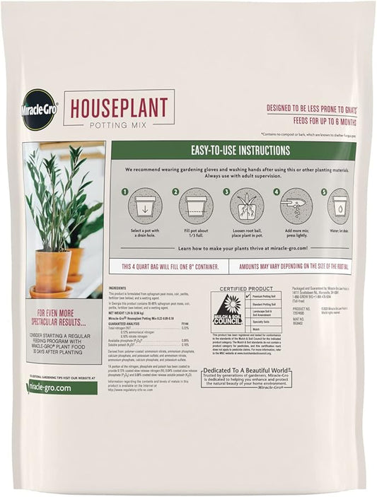 Miracle-Gro Houseplant Potting Mix - Fertilized Soil, Designed to be Less Prone to Gnats, 4 qt. (2-Pack)