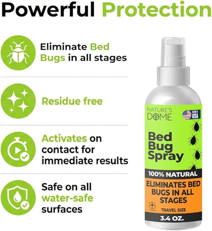 Nature's Dome Bed Bug Spray – 100% Kill Rate, Natural Bed Bug & Mite Killer, Destroys Eggs, Kills Resistant Strains, Long-Lasting Protection, Safe for Home Use (3.4 Fl Oz (Pack of 1))