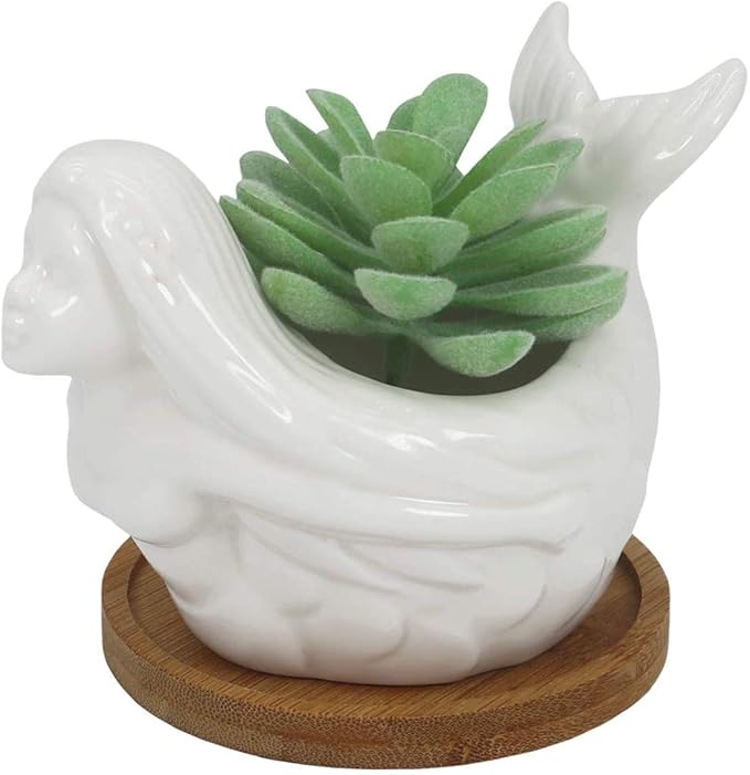 Cute Mermaid Succulent Planter Pot with Drainage Tray, White Ceramic Cactus Flower Container, Small Unique Indoor Air Plants Holder