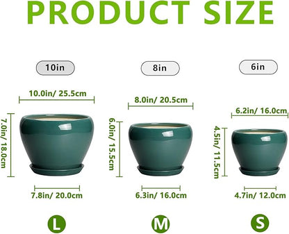 Ceramic Pots for Plants, 10+8+6 Inch Ceramic Plant Pot for Indoor Outdoor Plants, Round Indoor Flower Pots with Drainage Holes and Saucers, Garden Decor, Gift for Women, Set of 3, Dark Green