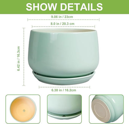 G EPGardening Ceramic Pots for Plants - 9 Inch Ceramic Planter with Drainage and Saucer, Round Planter for Indoor Outdoor Plants, Modern Flower Pots, Garden Decor, Birthday Gifts, Green
