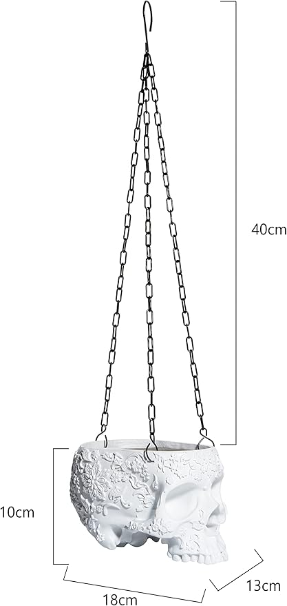 Hanging Skull Planter Pot with Chain and Hook Gothic Skeleton Candy Bowl Trick or Treat Bucket Spooky Skull Flower Pot Creepy Horror Home Decor Outdoor Indoor Garden Decoration 6 Inch White Planter