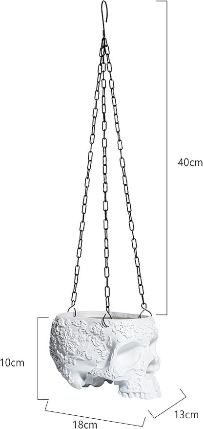 Hanging Skull Planter Pot with Chain and Hook Gothic Skeleton Candy Bowl Trick or Treat Bucket Spooky Skull Flower Pot Creepy Horror Home Decor Outdoor Indoor Garden Decoration 6 Inch White Planter