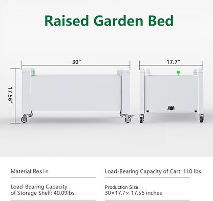 Raised Garden Bed with Wheels, 14 Gallon Self-Watering Raised Planter Box with Drainage Plug & Gauge for Vegetables Flowers Herbs Succulents, Rustproof Resin for Backyard Patio Porch (Ashen)