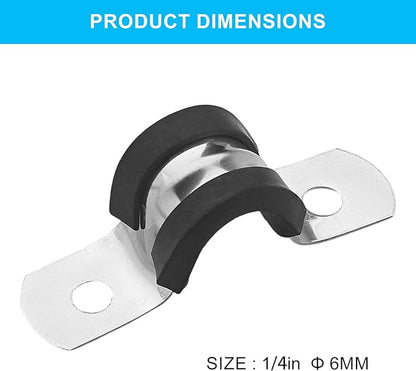 50 Pack 1/4 Inch Cable Clamps, 6mm Stainless Steel Rubber Coated Cushioned Insulated Pipe Clamp, Black Conduit Wire Holder Strap Clips for Tube, Pipe or Wire Cord Installation