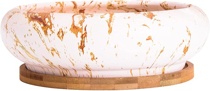 ARTKETTY Succulent Pots - 7.3 Inch Large Bonsai Pots with Drainage Tray, Ceramic Pots for Indoor Plants, Shallow Succulent Planters Marble Cactus Flower Plant Container Bowl