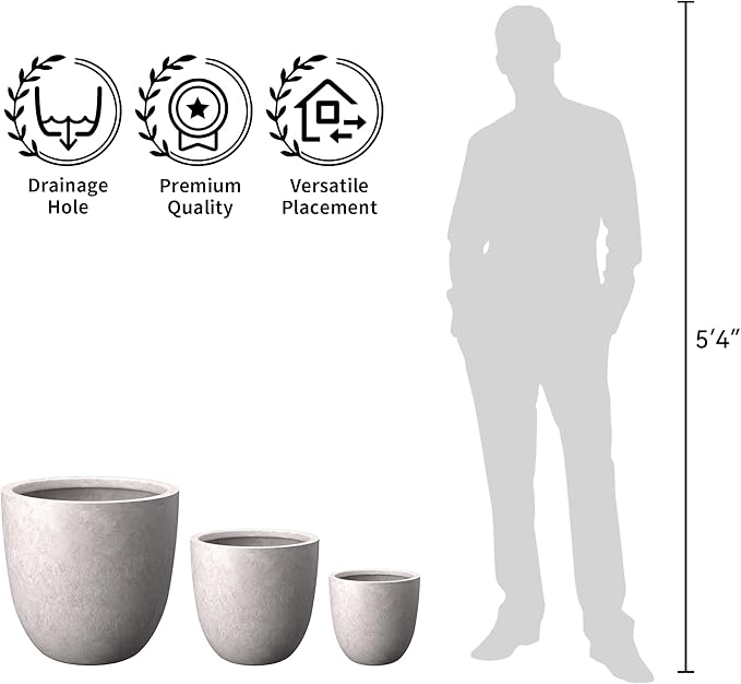 Kante Round Concrete Planter, Large Outdoor Indoor Garden Pots with Drainage Hole, 14-Inch Diameter Flower Pots for Patio, Garden and Home, Light Gray