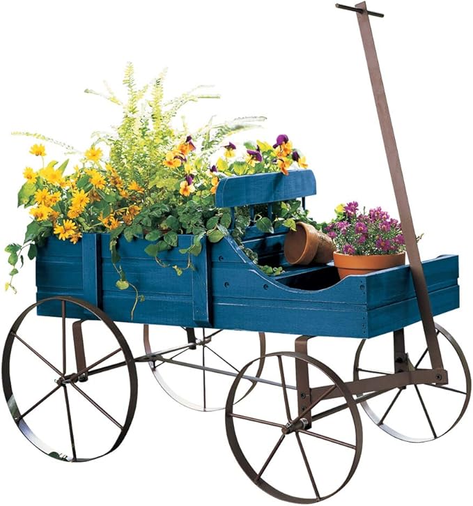 Collections Etc Amish Wagon Decorative Indoor/Outdoor Garden Backyard Planter, Blue