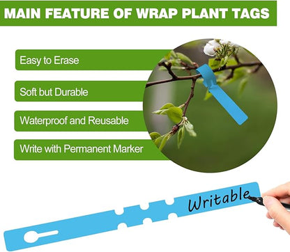 Plant Labels 200 Pcs Yuanling Plastic Plant Tree Tags Wrap Around Hanging Tags Nursery Tree Markers Adjustable Garden Labels for Indoor Outdoor Gardening Plants (Blue with 1 Marker Pen)