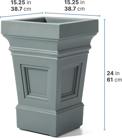 Step2 Atherton Square Planter, Large Planters for Outdoor Plants, Gardening and Flower Pot for Patio or Porch, Efficient Drainage, Durable Plastic, Sage Gray, 2-Pack