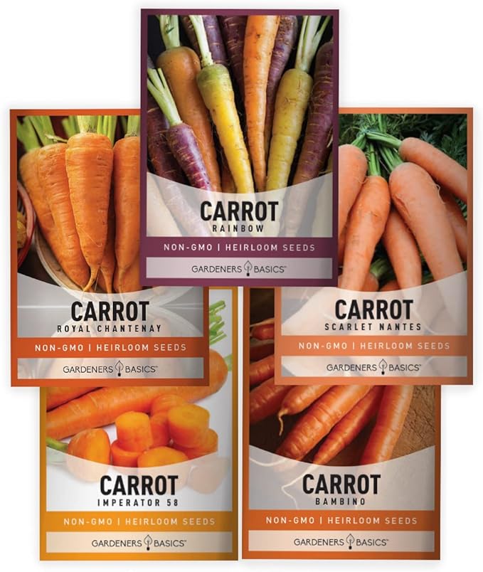 Gardeners Basics, Carrot Seeds for Planting Home Garden - 5 Variety Pack Rainbow, Imperator 58, Scarlet Nantes, Bambino and Royal Chantenay Great for Spring, Summer, Fall, Heirloom Carrot Seeds