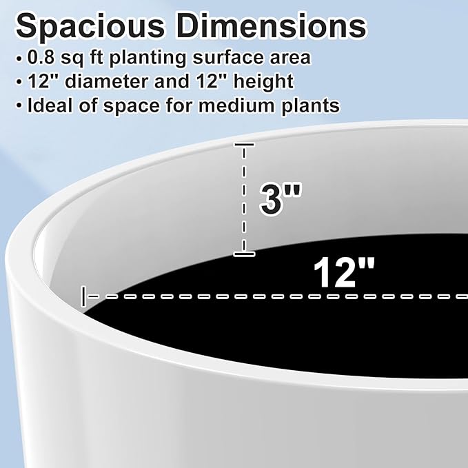 GameXcel Flower Pot Indoor - Outdoor Plant Pot - White Glossy Planter - Elegant Ceramics Imitation - 12" Diameter 12" Tall with Drainage Holes and Saucer
