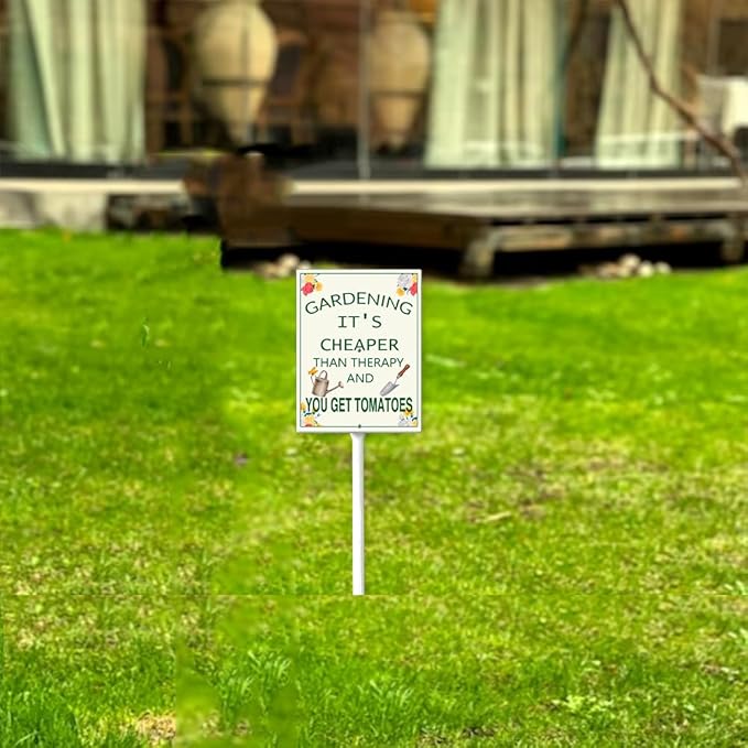 Garden Sign With Stake Gardening It's Cheaper Than Therapy Aluminium Sign 7X8.8Inch Wildflower Sign Garden Decor Fence Yard Outdoor Gifts For Women Plant Lover And 12.8" Stake Kit