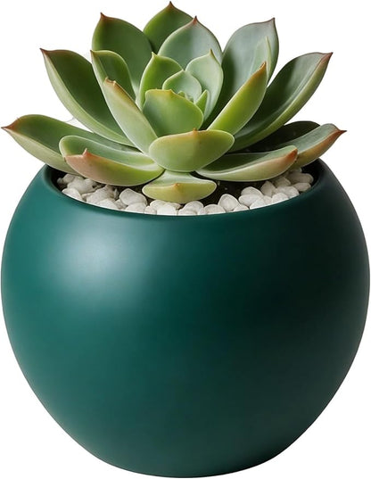 Retro Green Spherical Ceramic Plant Pots Succulent Small Plant Pot Indoor Modern Decorative Indoor-Outdoor Garden Plant Pots with Drainage Holes - Plants Not Included 3.94 x 3.94 x 3.15 Inch