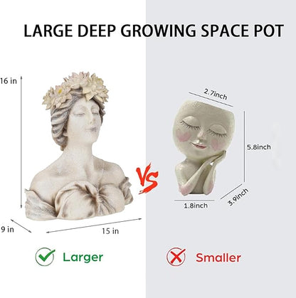 Head Planter Face Flower Pot - Lily Pond Goddess Planter 9 Inch Garden Resin Face Planter with Drainage Hole Plants Pot for Indoor and Outdoor Plant Closed Eyes 15 * 9 * 16 Inch