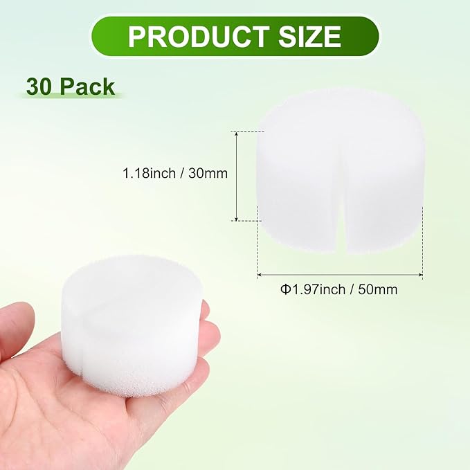 30-Pack Hydroponics Sponges, 1.97 Inch Growing Media Cylindrical Sponges for Planting Gardening Tool/Grow Seedlings/Home Vegetable Flower, Soilless Cultivation Seedling [White]
