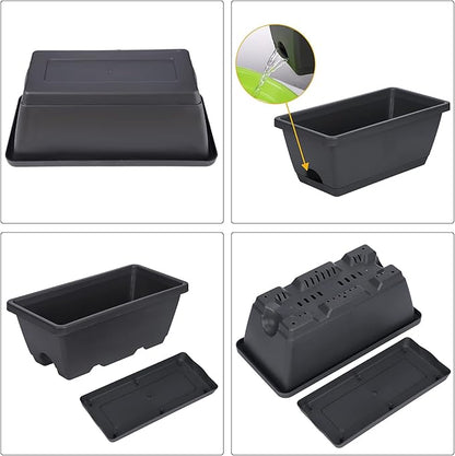 GREANER Rectangular Window Boxes with Trays, 3 Packs Modern Vegetable Planters, 13.8Inch Plastic Flower Boxes Container for Windowsill, Patio, Garden, Balcony, Porch, Indoor and Outdoor Use, Black