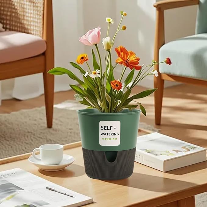 5/6.5/7.5 Inch Self Watering Pots for Indoor/Outdoor ,4 Pack plastic Planters for Indoor Plants with Drainage Holes and Saucers, Modern Decorative Flower Pot for Plants (Green, 7.5-Inch, 4-Pack)