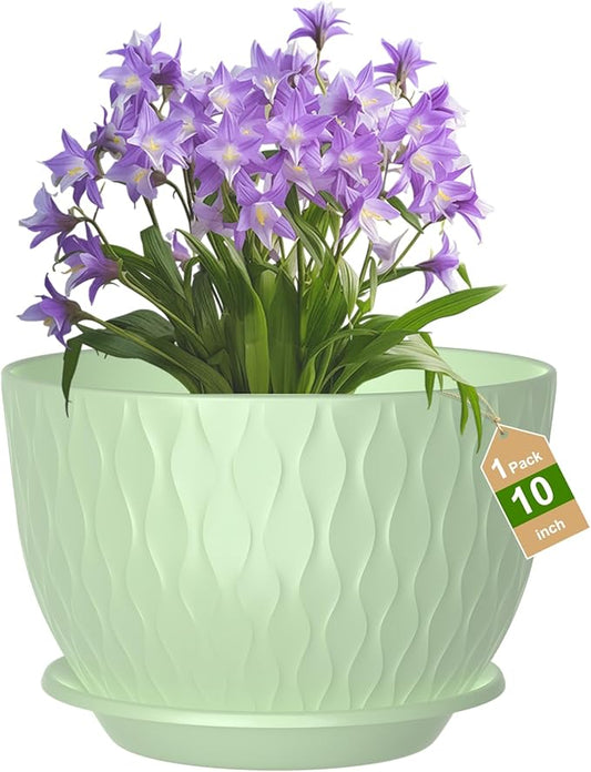 10 inch Large Plant Pots, Flower Pots with Multi-Mesh Drainage Holes and Saucer, Plastic Planters for Indoor and Outdoor Garden Plants (Green, 10")