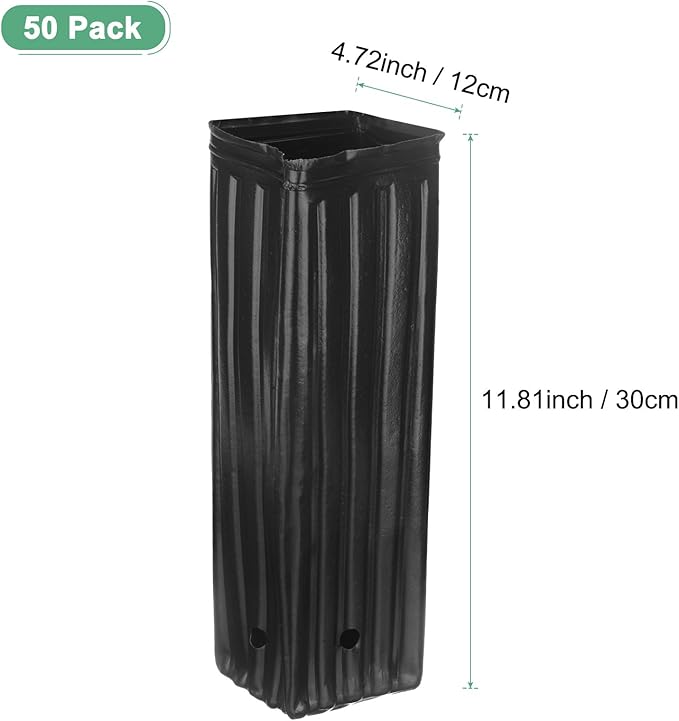 50-Pack Plant Nursery Pots, 4.72x4.72x12.6 Inch Plastic Deep Growing Nursery Pots Succulent Planter Flower Tree pots with Drainage Holes for Indoor Outdoor Gardening [Black]