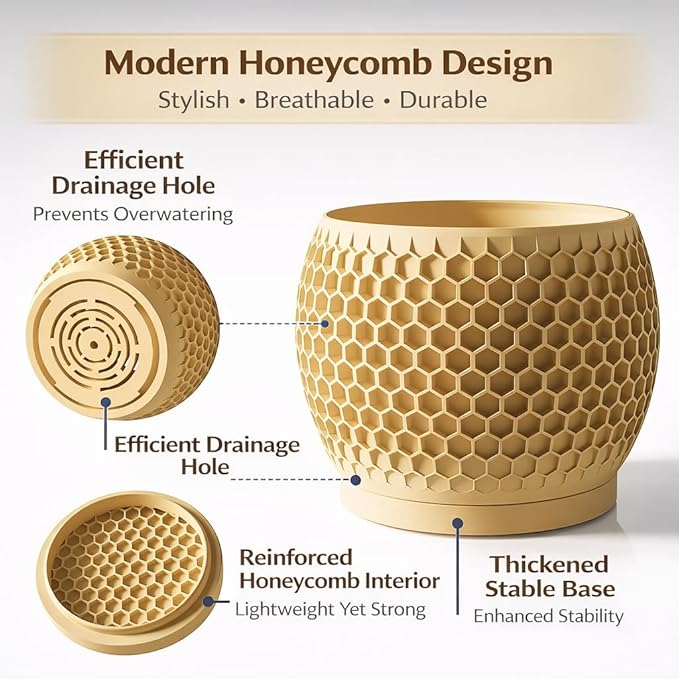 Plant Pots, Modern 3D Printed Honeycomb Planters for Indoor Plants, 4.7/6 Inch Wood Decorative Flower Pot for Office Desktop, Bookshelf & Home Decor, Lightweight & Durable