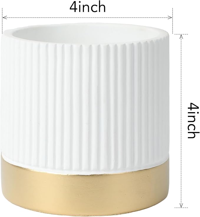 Set of 3 Cement Planter Pots with Drainage Hole,4 inch Plant Pots for Plants Indoor Houseplants,Succulent Pots Windowsil Planter (White&Gold)
