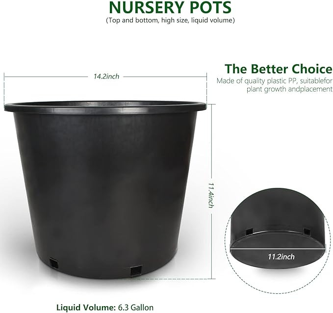 10-Pack 6.3 Gallon Round Planter Nursery Pots, Flower Plant Container Injection Molded Plastic Nursery Pots Gardening for Indoor Outdoor Vegetables, Succulents, Black
