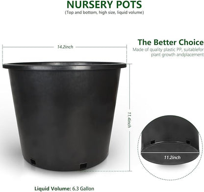 10-Pack 6.3 Gallon Round Planter Nursery Pots, Flower Plant Container Injection Molded Plastic Nursery Pots Gardening for Indoor Outdoor Vegetables, Succulents, Black