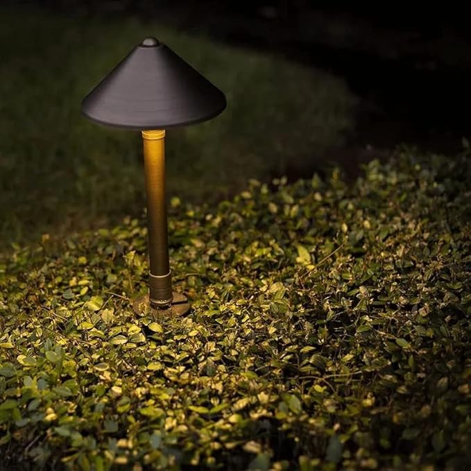 VOLT Conehead 12V Brass Mini Path Light (7" Shade, 15" Tall) for Low Voltage Landscape Lighting on Outdoor Pathway, Walkway, Garden, Driveway or Patio