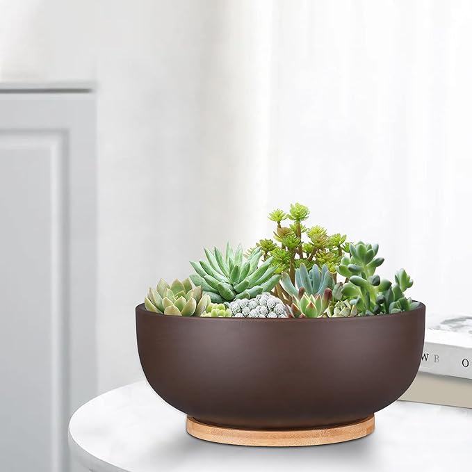 10 Inch Terracotta Planter, Large Succulent Bonsai Planter Pot with Drainage Hole and Bamboo Saucer for Indoor Plants, Brown