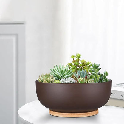 10 Inch Terracotta Planter, Large Succulent Bonsai Planter Pot with Drainage Hole and Bamboo Saucer for Indoor Plants, Brown