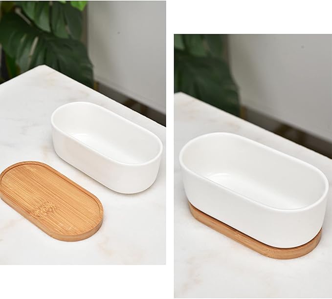 White Ceramic Succulent Plant Pots, Indoor and Outdoor Succulent Planters, Set of 2 Small Cactus Containers, Bonsai Pots, Flower Pots with Drainage Hole and Bamboo Bowl (No Plant)