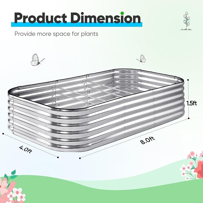 Quictent Raised Garden Bed Kit Oval Galvanized Metal Planter Box Tall for Vegetables Outdoor Backyard, Strengthened by Crossbar, Silver 8x4x1.5 ft