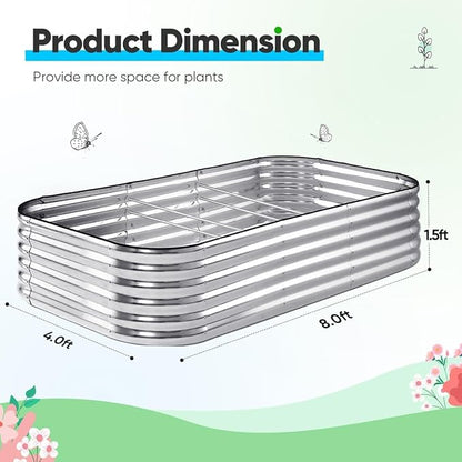 Quictent Raised Garden Bed Kit Oval Galvanized Metal Planter Box Tall for Vegetables Outdoor Backyard, Strengthened by Crossbar, Silver 8x4x1.5 ft