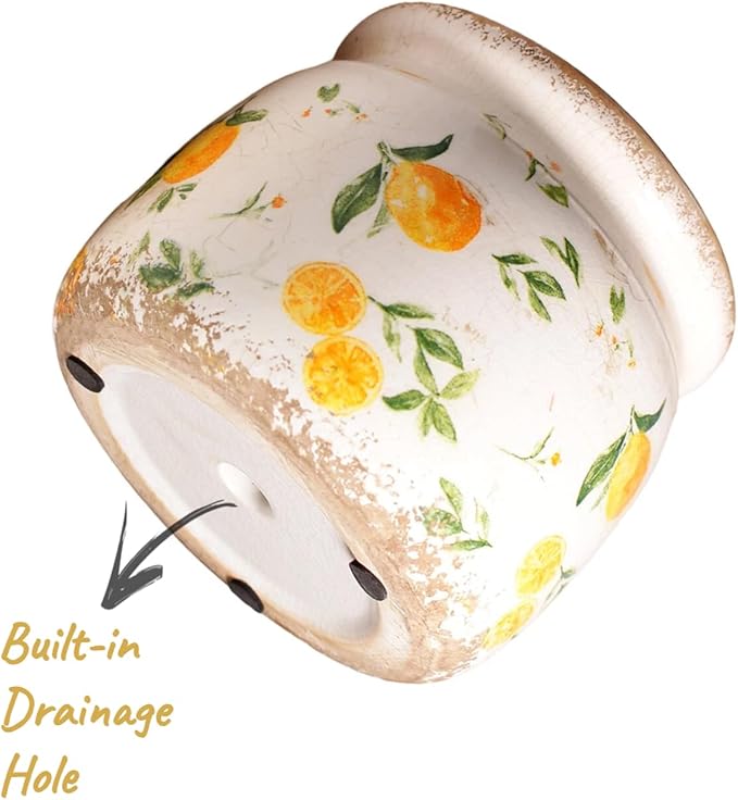 Retro Lemon Ceramic Planters, 6.29 Inch Vintage Plant Pots Indoor with Drainage, Yellow Rustic Crackle Glaze Pottery Flower Vase, Home & Kitchen Decor for Room Bookshelf Dining Table, Gifts for Women