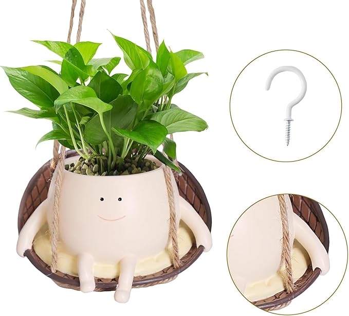 NINIPAPA Hanging Swing Chair Planter Pot Smile Face Plant Pot for Indoor Outdoor Plants Cute Head Flower Pots for Succulent String of Pearls Unique Gift on Mother's Day, Birthday, Christmas