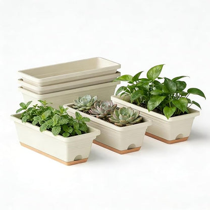 Window Box Planter, 6 Pack Plastic Vegetable Flower Window Planters Boxes 16 Inches Rectangular Flower Pots with Drainage Holes and Saucers (White)