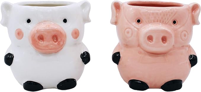 Cute Pig Planter Kitchen Pig Decor 2 Pack Ceramic Succulent Flower Pots with Drainage Hole, Office Décor