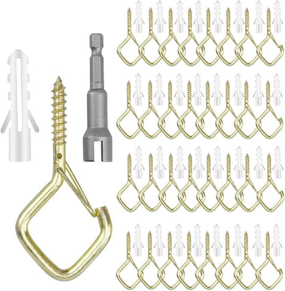 52-Pack Heavy-Duty Golden Screw Eye Hooks with Safety Clips | Metal Ceiling Hooks for Hanging Plants, Wind Chimes, Bird Feeders & Indoor/Outdoor Lights