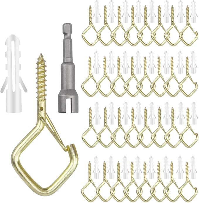 12-Pack Heavy-Duty Golden Screw Eye Hooks with Safety Clips | Metal Ceiling Hooks for Hanging Plants, Wind Chimes, Bird Feeders & Indoor/Outdoor Lights