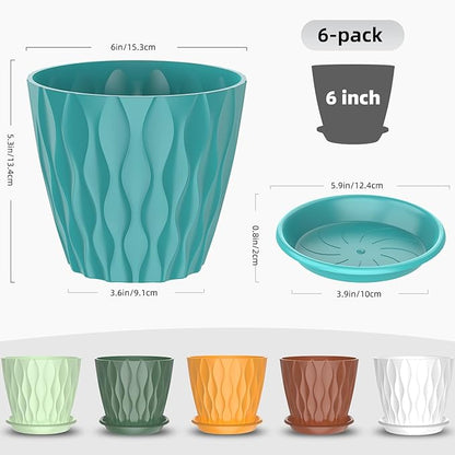 6 Pack 6 Inch Indoor Plant Pots with Drainage Holes, Outdoor Plastic Decorative Flower Pots, Garden Planters with Tray Saucers for Orchids, Violets, Succulents, Herbs, and Other Plants