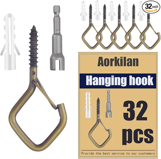 32-Pack Heavy-Duty Bronze Screw Eye Hooks with Safety Clips | Metal Ceiling Hooks for Hanging Plants, Wind Chimes, Bird Feeders & Indoor/Outdoor Lights