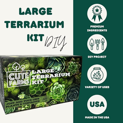Cute Farms Terrarium Starter Kit | Moss, Vermiculite, Soil, Pebbles, Plant Food, & Finishing Tools (Large + 8 Live Plants)