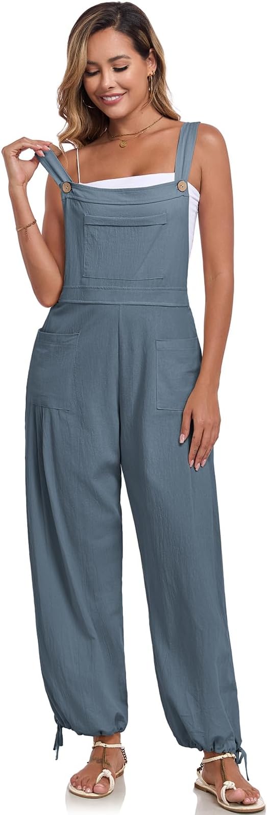 ALSOGO Womens Wide Leg Overalls Loose Beach Vacation Outfits Jumpsuits 2025 Causal Sleeveless Rompers with Pockets