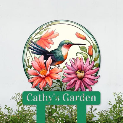 Custom Flowers Bird Garden Sign, Personalized Hummingbird Bird Flowers Garden Stake Metal Sign Garden Decor Sign Yard Art with Stakes, Customized Gardener Name Sign Flower Sign Plaque